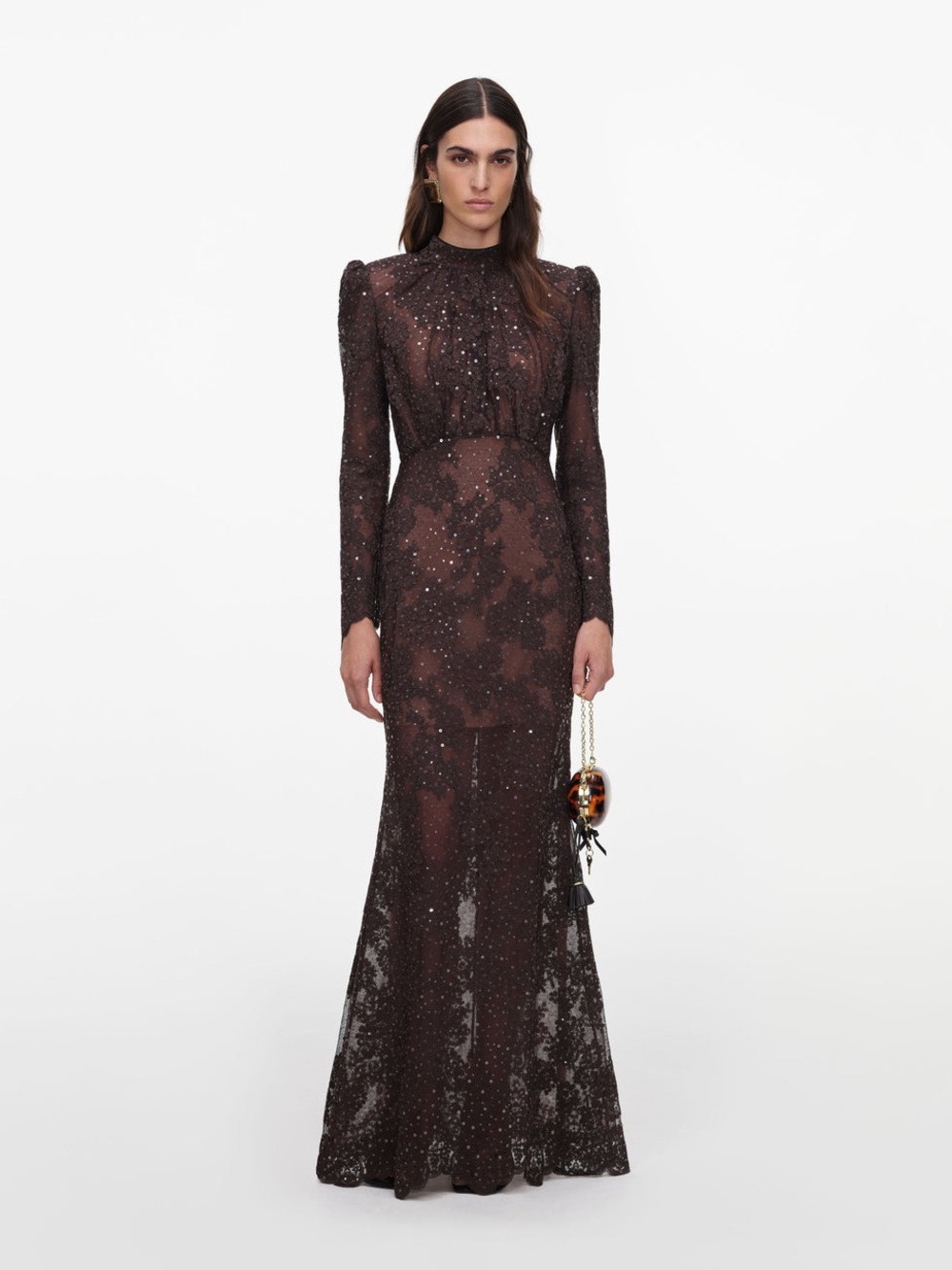 NWOT Self-Portrait Brown Sequin Lace Maxi Dress, Size US 0/2/4/6/8